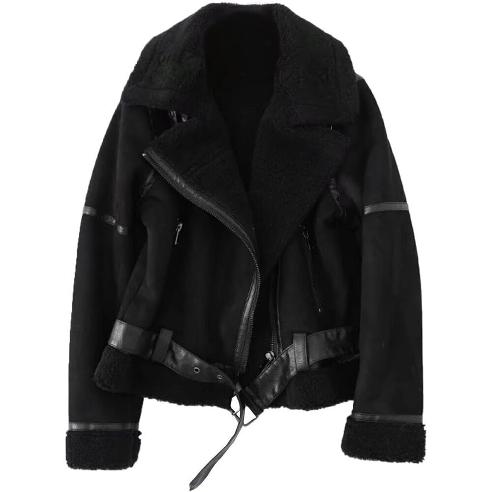 🆕Women's Black Faux Shearling Moto Jacket Thick Lined Winter Leather Coat
